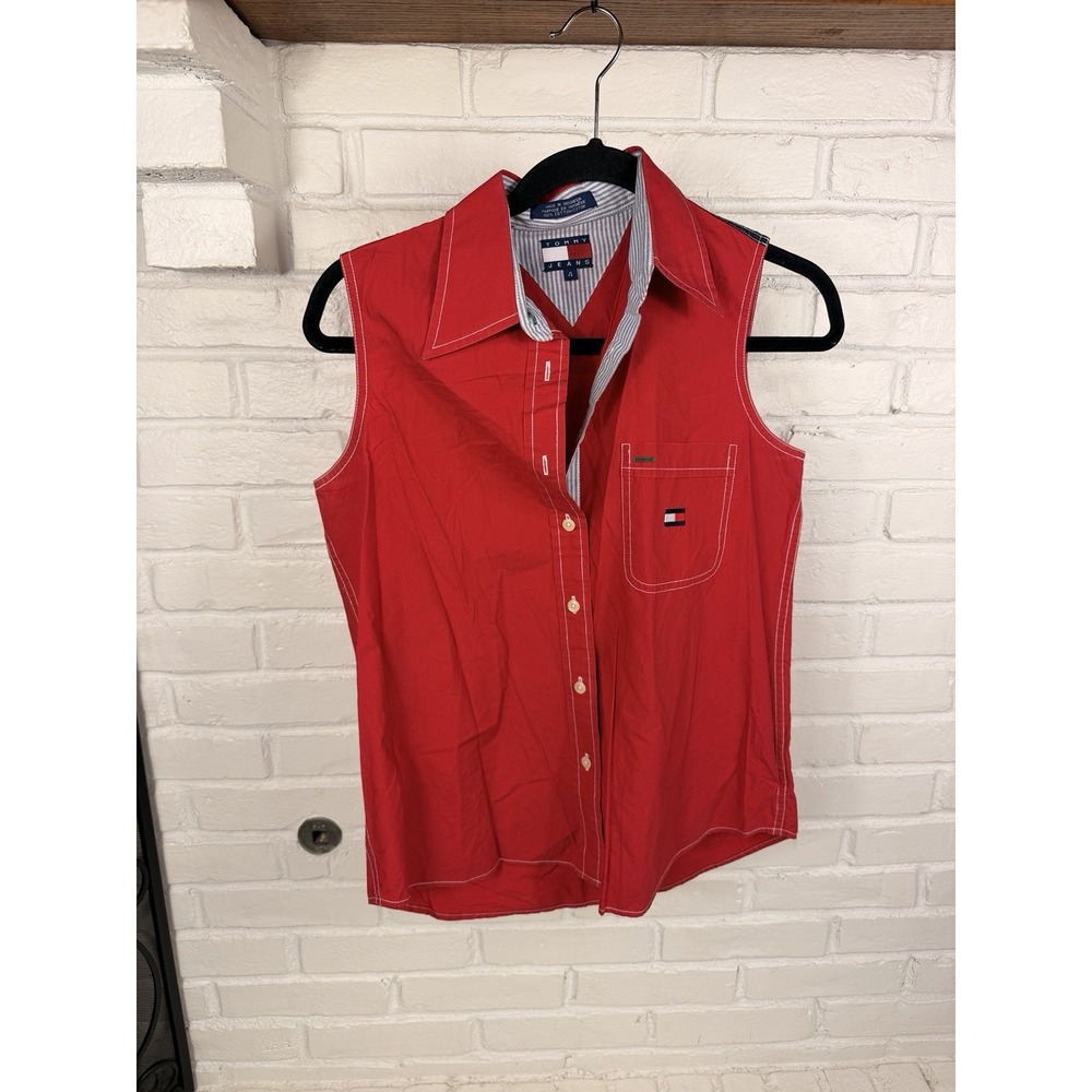 Tommy Jeans Womens 4 Red Sleeveless Button Shirt Flag Logo Y2K 90s Style